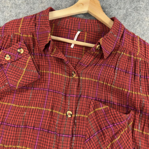 Free People Tops - Free People Break My Stride Button Up‎ Shirt Womens Large Red Plaid Long Sleeve